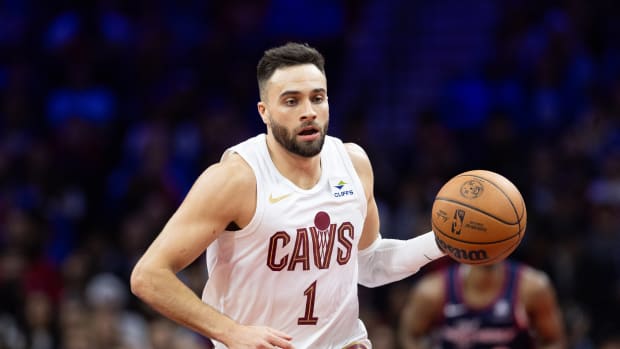 Nov 21, 2023; Philadelphia, Pennsylvania, USA; Cleveland Cavaliers guard Max Strus (1) in action against the Philadelphia 76ers during the second quarter at Wells Fargo Center. Mandatory Credit: Bill Streicher-USA TODAY Sports
